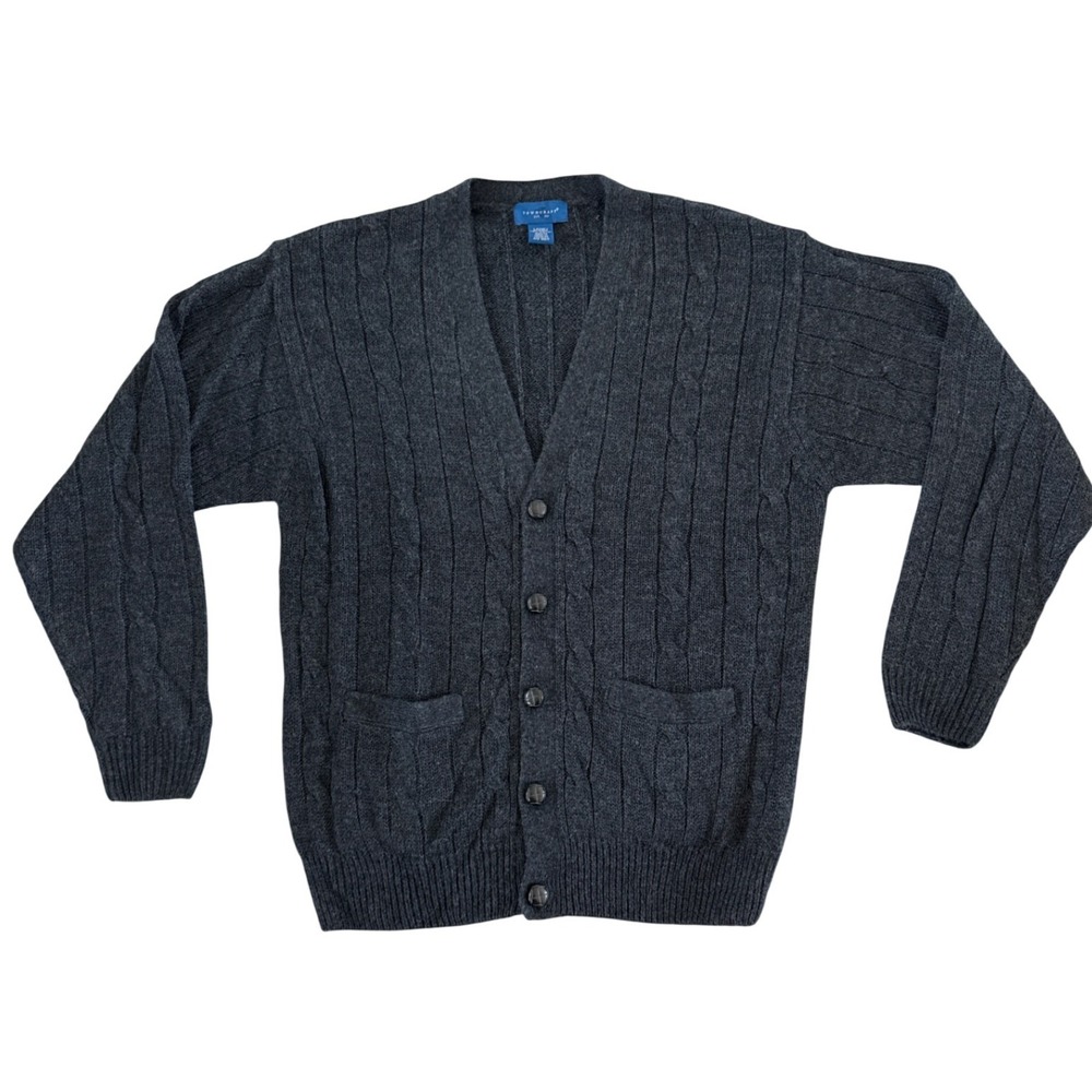 Vintage TownCraft Cardigan Sweater Large Gray Acrylic Cable Knit Grandpa NWOT